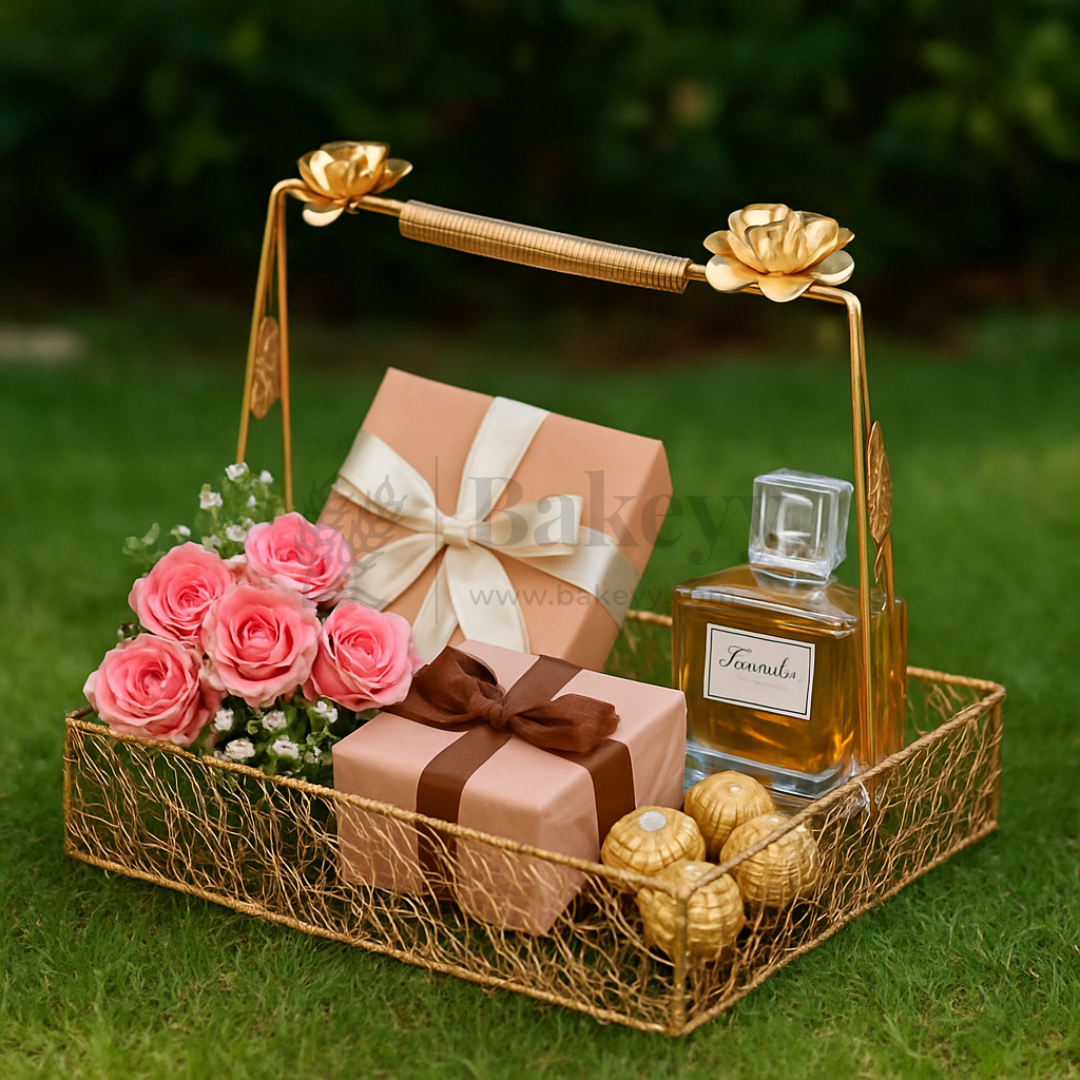 Square Gold Metal Hamper Basket For Gifting with Handle | 1 Piece