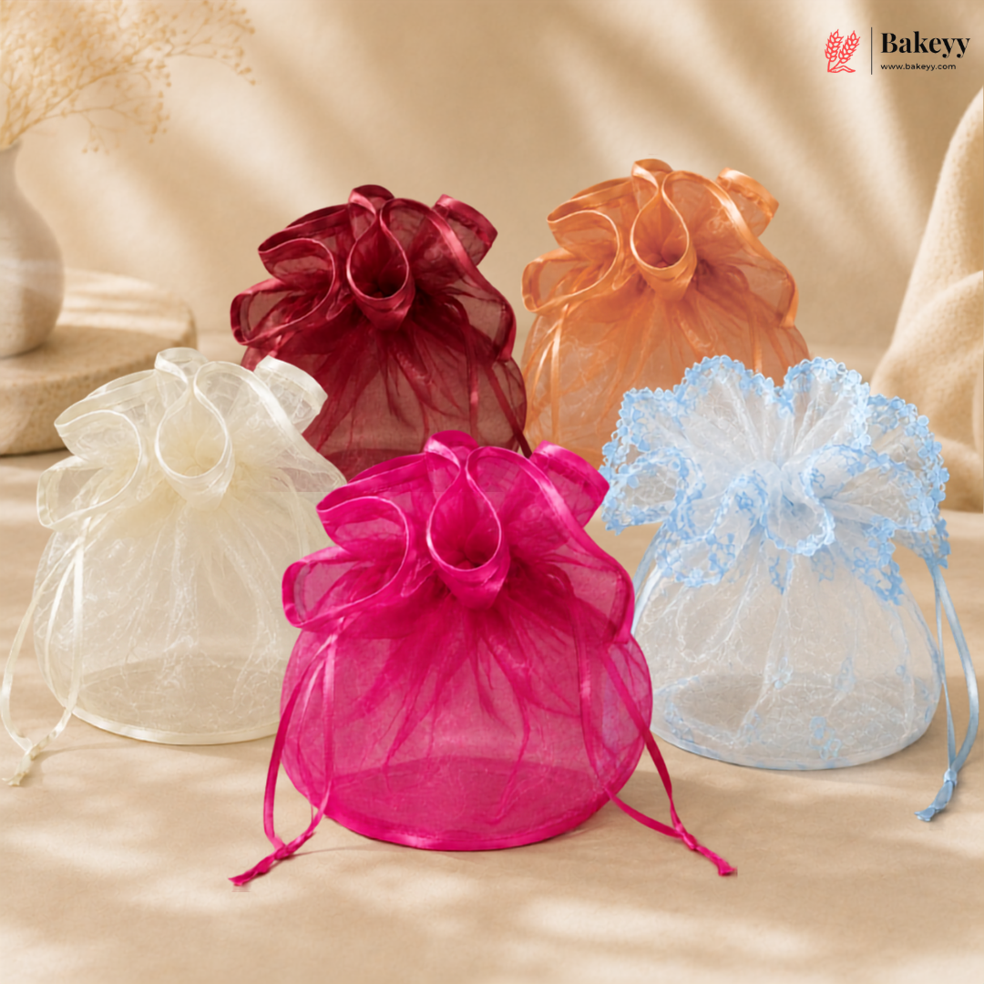 Four organza bags in white, red, pink, and blue on a beige background with 'Bakey' branding.
