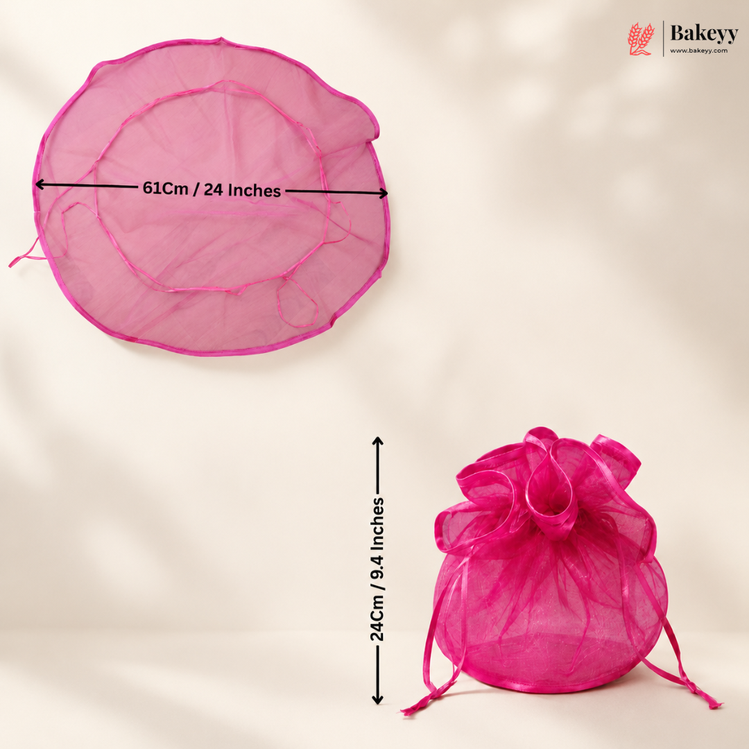 Pink drawstring bag with measurements on a beige background