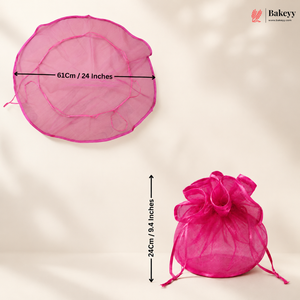 Pink drawstring bag with measurements on a beige background