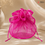 Pink organza bag on a beige background with 'Bakeyv' branding.