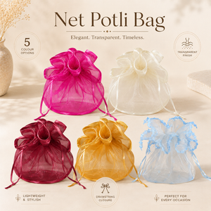 Five net potli bags in different colors on a neutral background with text describing features.