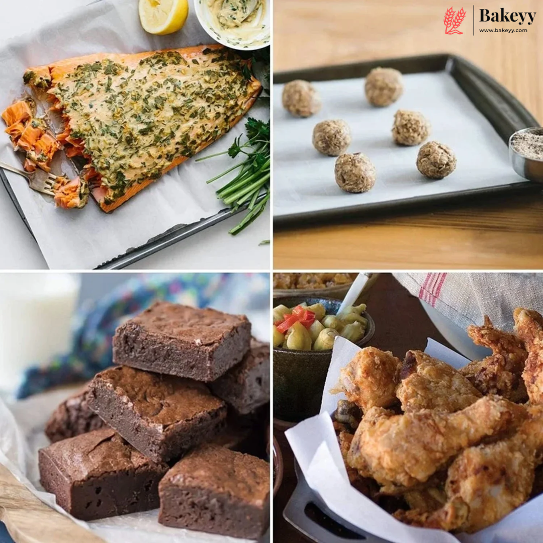 Collage of four food items: salmon with herb sauce, meatballs on a baking sheet, brownies, and fried chicken.