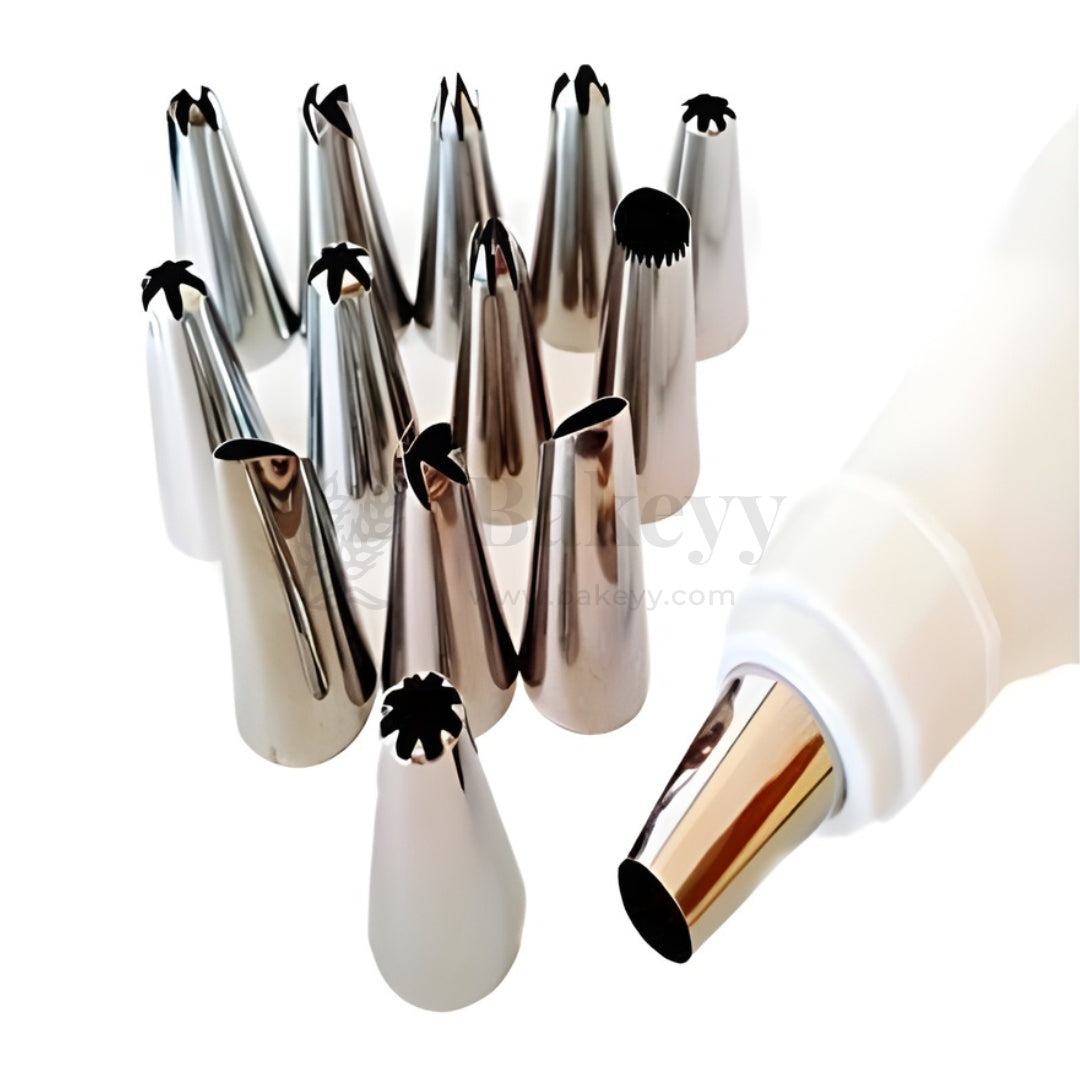 13 Piece Cake Decorating Nozzle Set | Reusable Frosting Piping Bag with Steel Nozzles