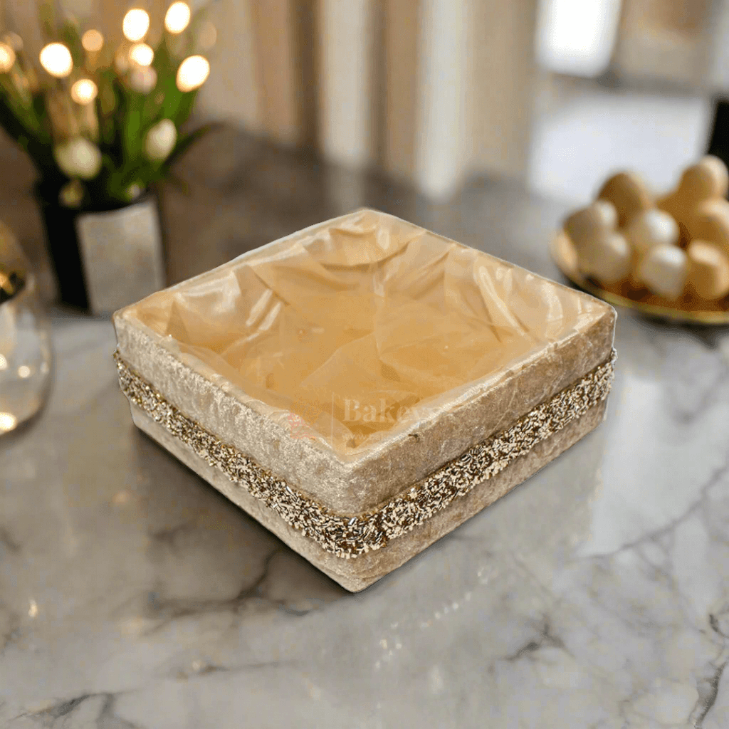 Chid Velvet Gold Hamper | Deluxe Square Gifting & Décor Basket | Diwali Return Gift Tray With Net - Bakeyy.com - India - Chid Velvet Gold Hamper | Deluxe Square Gifting & Décor Basket | Diwali Return Gift Tray With Net - Small-8 Inch