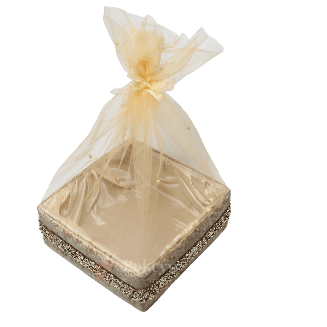 Chid Velvet Gold Hamper | Deluxe Square Gifting & Décor Basket | Diwali Return Gift Tray With Net - Bakeyy.com - India - Chid Velvet Gold Hamper | Deluxe Square Gifting & Décor Basket | Diwali Return Gift Tray With Net - Small-8 Inch
