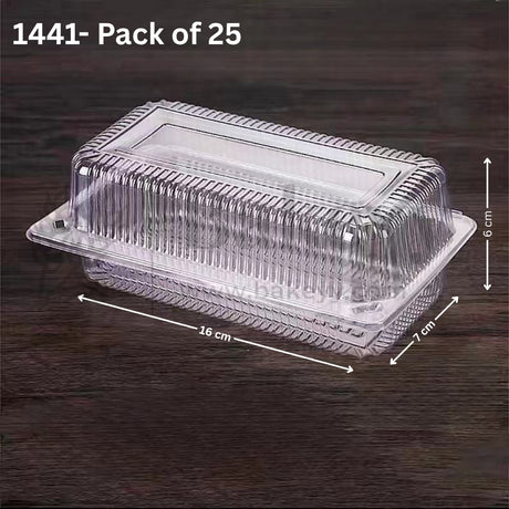 Clear plastic food container with dimensions on a dark background