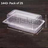 Clear plastic food container with dimensions on a dark background