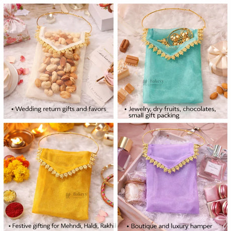 Organza Envelope Gift Pouch with Lace Flap & Beaded Handle | Return Gift Cover | Multiple Colors Available | Pack of 10