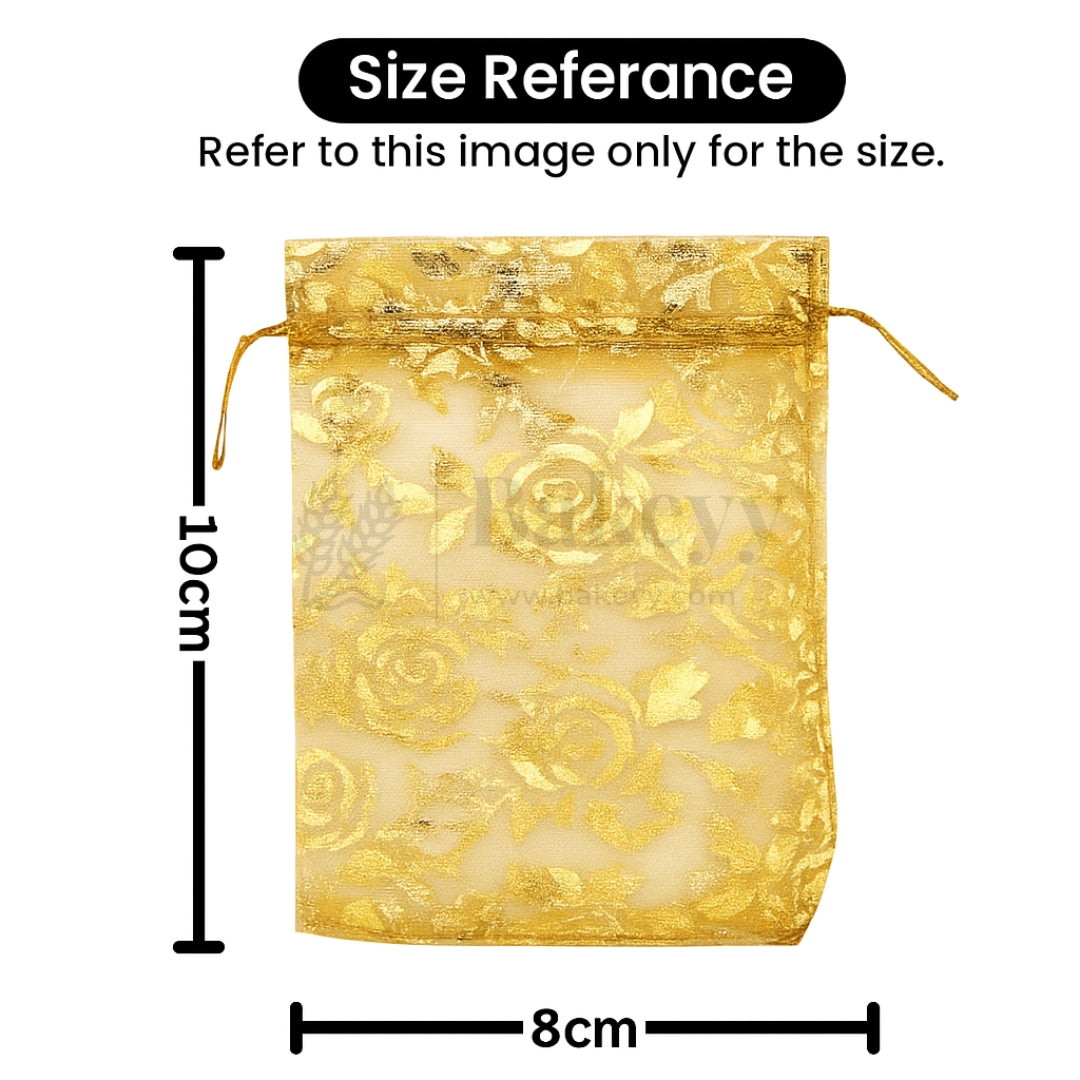 Printed Organza Potli Bags - Bakeyy.com - India - Printed Organza Potli Bags - Gold / 8 x 10 Cm - Pack of 70