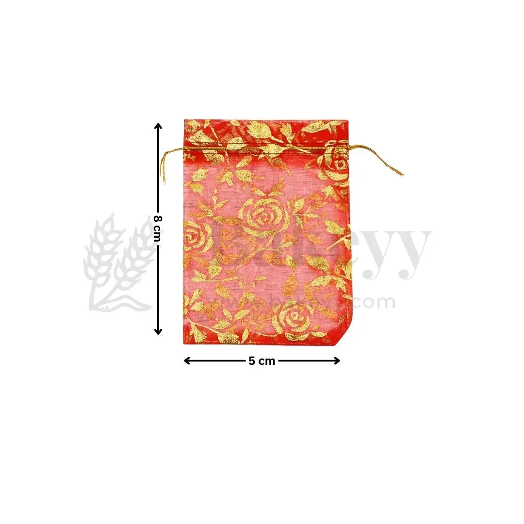 Printed Organza Potli Bags | Red Color - Bakeyy.com - India - Printed Organza Potli Bags | Red Color - 5x8 cm | Pack of 80 250.00