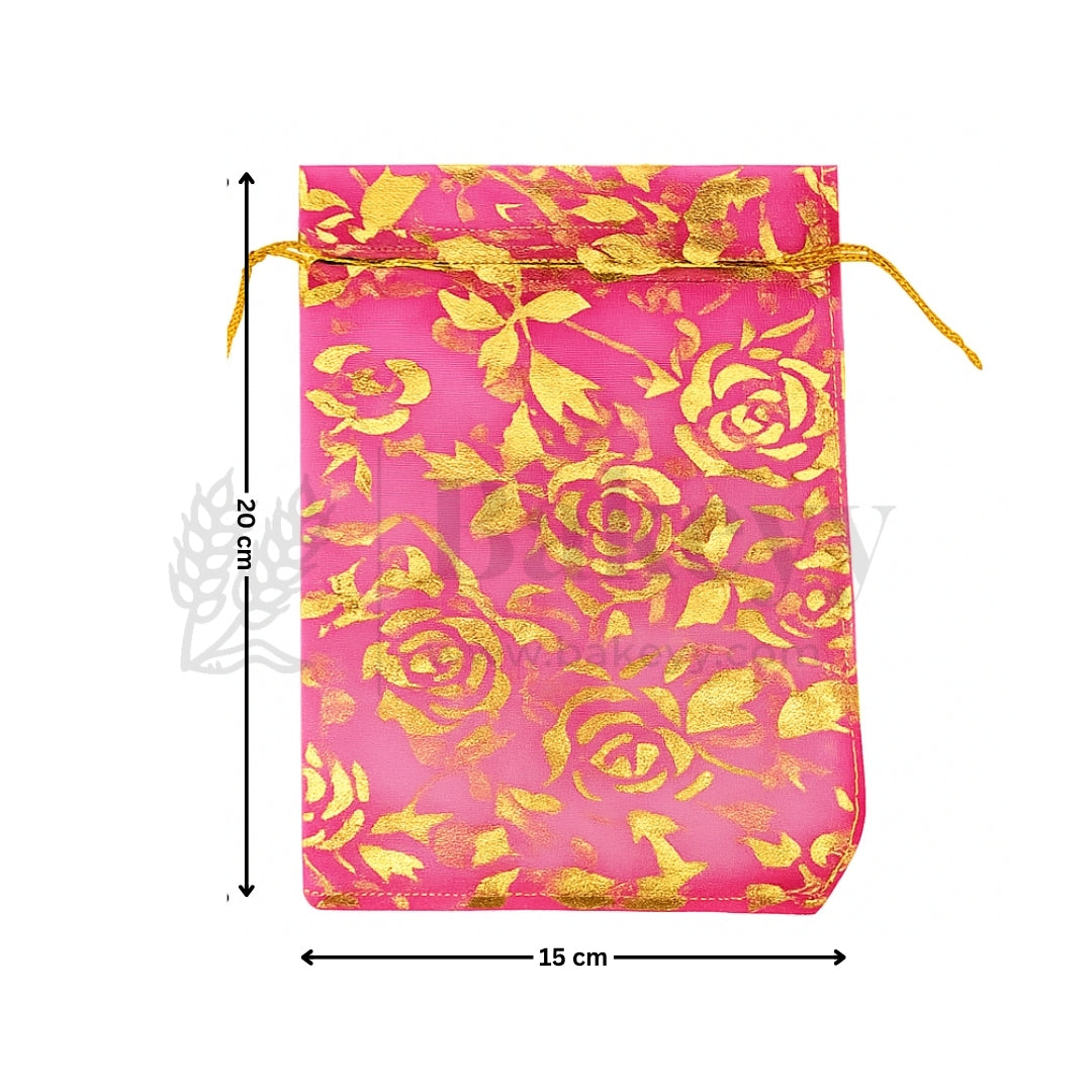 Printed Organza Potli Bags - Bakeyy.com - India - Printed Organza Potli Bags - Dark Pink / 15 x 20 Cm - Pack of 40