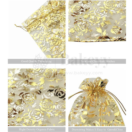 Printed Organza Potli Bags - Bakeyy.com - India - Printed Organza Potli Bags - Gold / 5 x 8 Cm