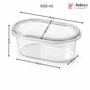 Clear plastic container with dimensions and Bakeyy branding
