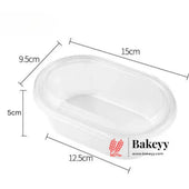 Measurement chart of a clear plastic container with dimensions labeled, featuring the Bakeyy brand.