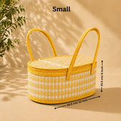 Oval Wooden Gift Basket | Yellow & Beige Color | Woven Basket with Rigid Handle | 3 Sizes Available | Pack of 1