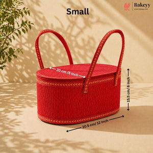 A small red woven basket with two loop handles, shown on a beige surface with shadow overlays. White text and arrows indicate dimensions: 20 cm / 8 inch across the top, 15.
