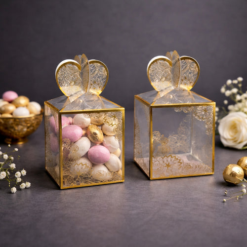 Luxury Gold Foil PVC Gift Box with Heart Top | Premium Return Gift Box | Pack of 10