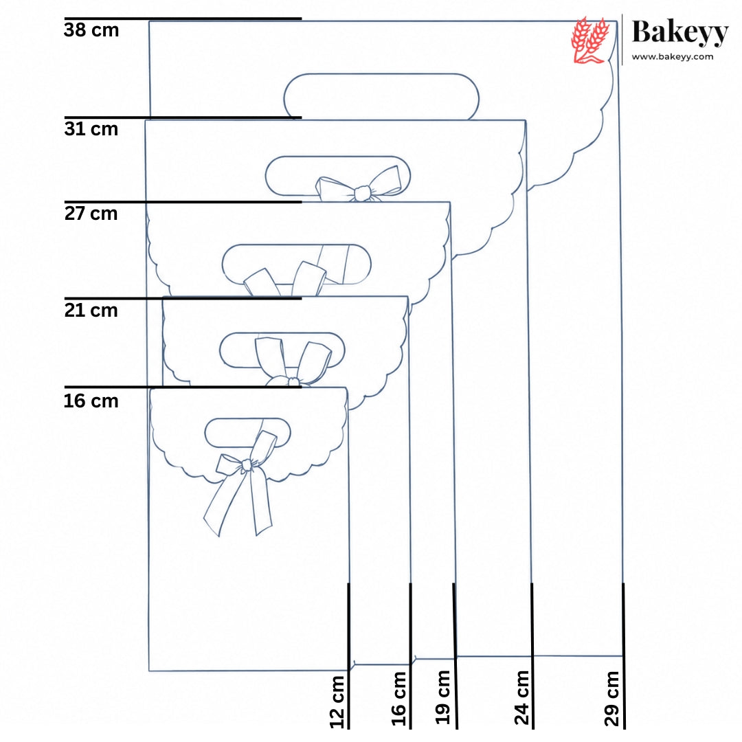 A size measurement chart for Bakeyy bakery gift bags, showing five different bag sizes with their corresponding dimensions in centimeters, including height, handle width, and base width.