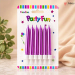 Pack of purple birthday candles with 'Party Fun' text on a decorative card.