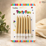 Pack of gold candles with 'Party Fun' packaging on a wooden surface.