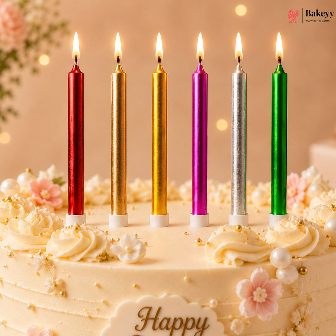 Metallic Finish Candles with Holders | Birthday Cakes & Party Decorations | 6 Pieces per Pack | Pack of 1