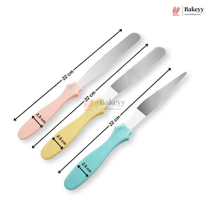 Three colorful knives with measurements on a white background, featuring the Bakey brand.