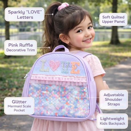 Pastel Purple Kids Backpack with Glitter LOVE Letters | Pack of 1