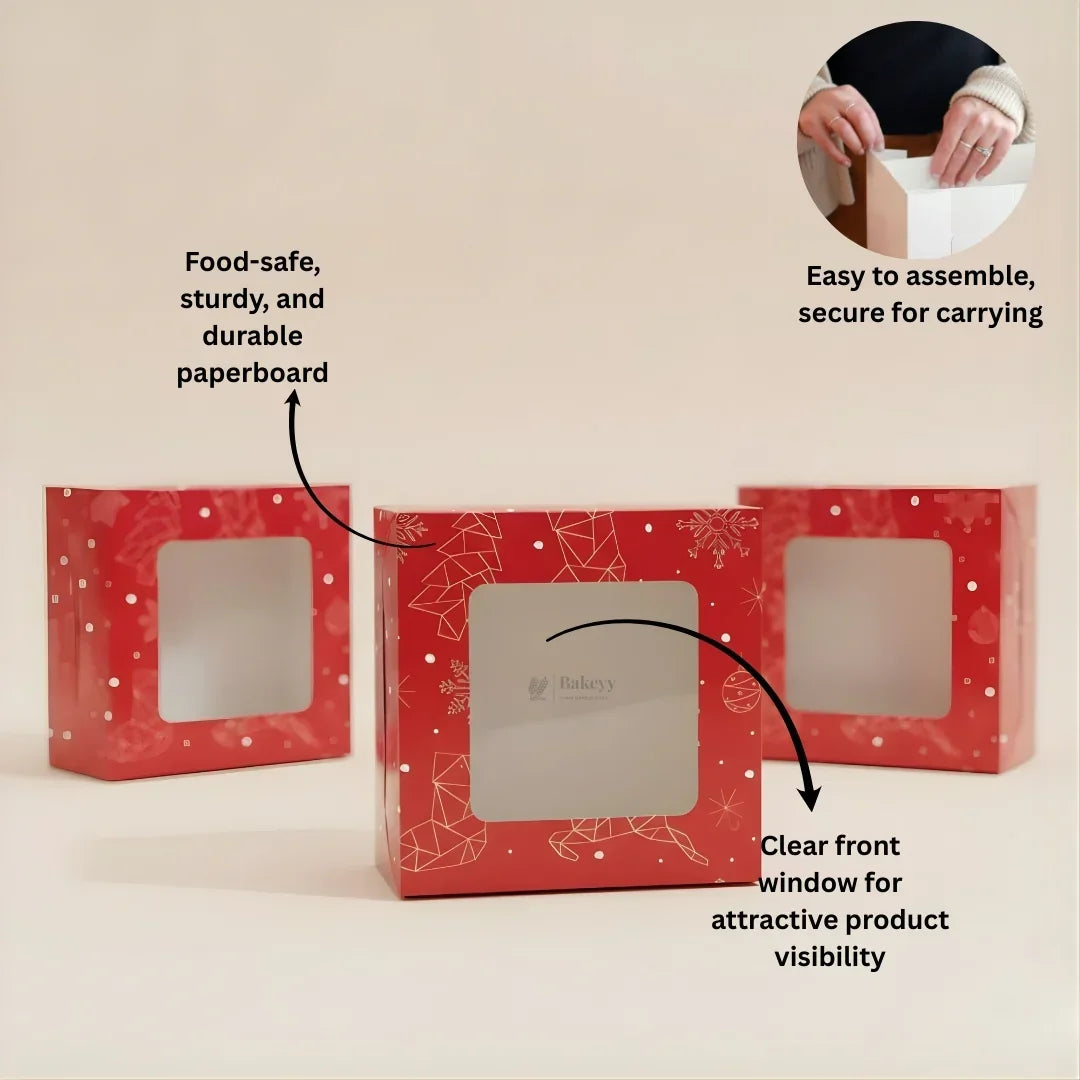 Red Pastry Box With Window | Christmas Pastry Box | Festive Bakery Packaging | Multi-Sizes | Pack of 25 - Bakeyy.com - India - Red Pastry Box With Window | Christmas Pastry Box | Festive Bakery Packaging | Multi-Sizes | Pack of 25 - Small 375.00