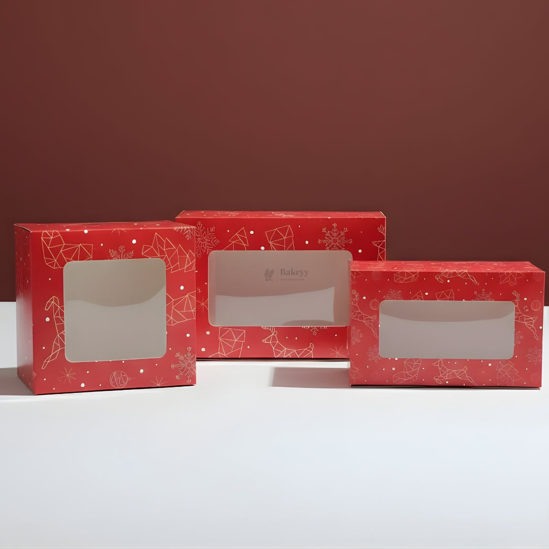 Red Pastry Box With Window | Christmas Pastry Box | Festive Bakery Packaging | Multi-Sizes | Pack of 25