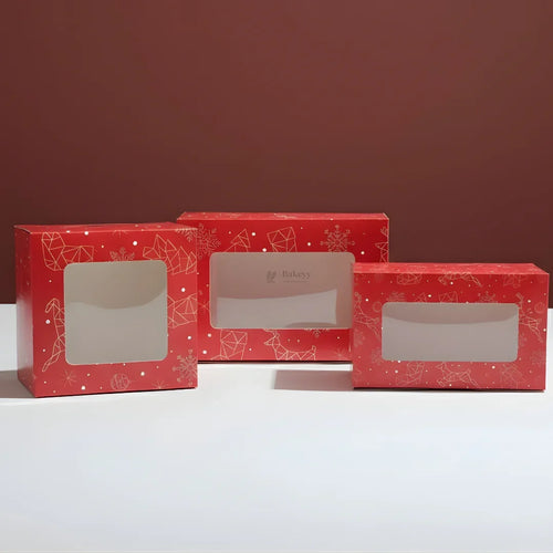 Red Pastry Box With Window | Christmas Pastry Box | Festive Bakery Packaging | Multi-Sizes | Pack of 25