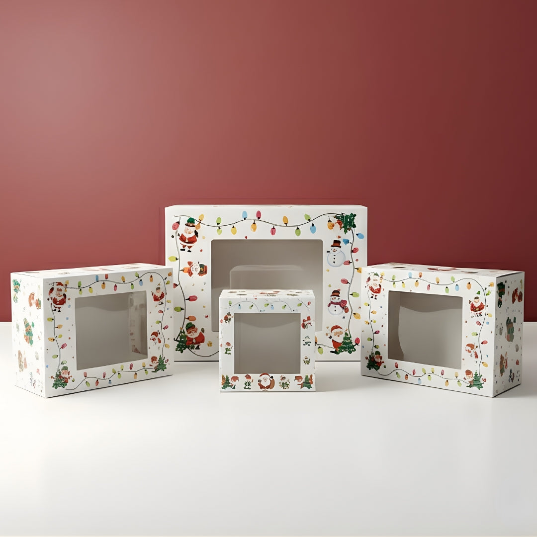 Santa Theme White Pastry Box | Christmas Pastry Box | Festive Bakery Packaging | Multi-Sizes | Pack of 25