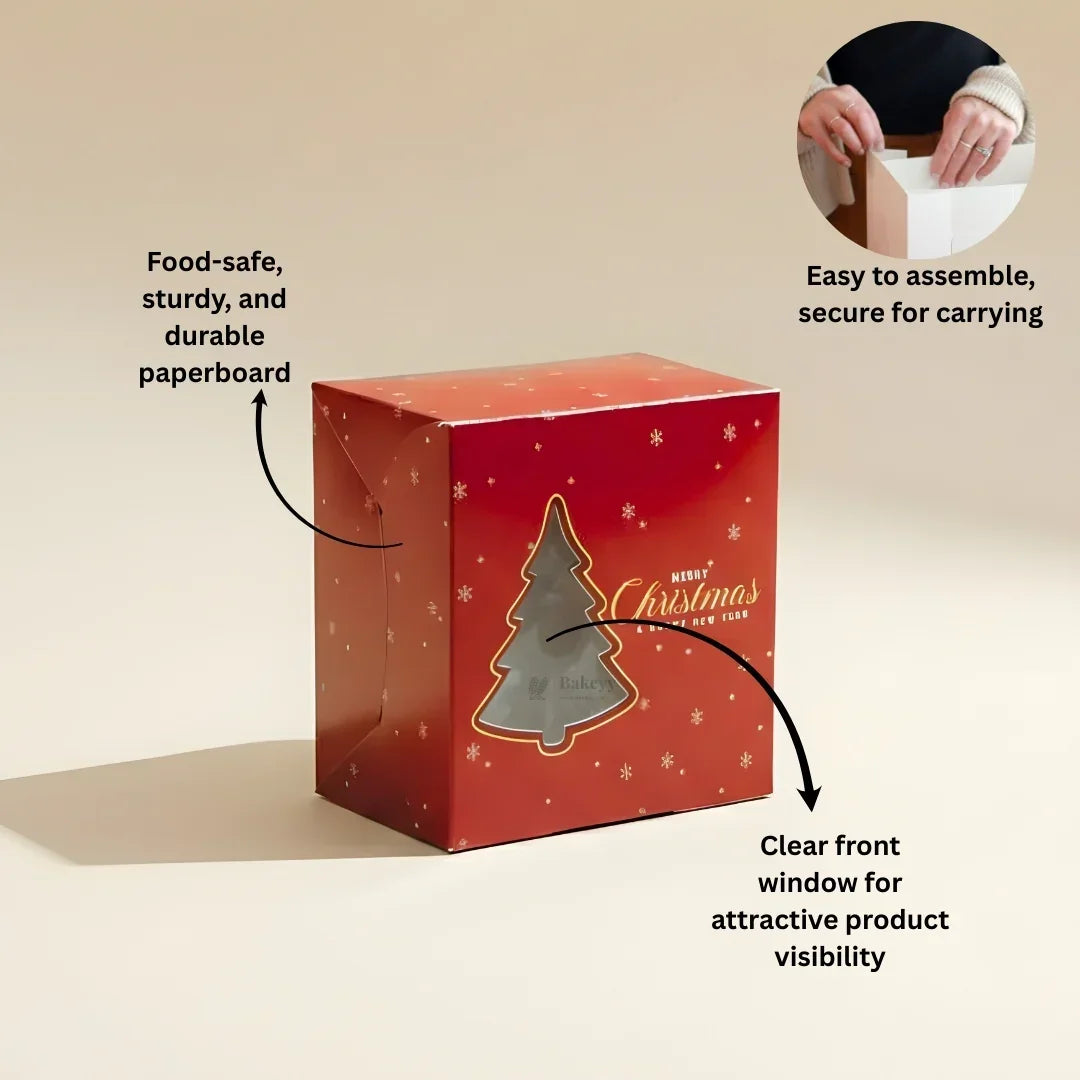 Tree Window Red Pastry Box | Christmas Pastry Box | Festive Bakery Packaging | Multi-Sizes | Pack of 25 - Bakeyy.com - India - Tree Window Red Pastry Box | Christmas Pastry Box | Festive Bakery Packaging | Multi-Sizes | Pack of 25 - Extra Small 300.00