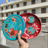 Peach & Aqua Floral Metal Tin Box with 3 Acrylic Jars | Pack of 1