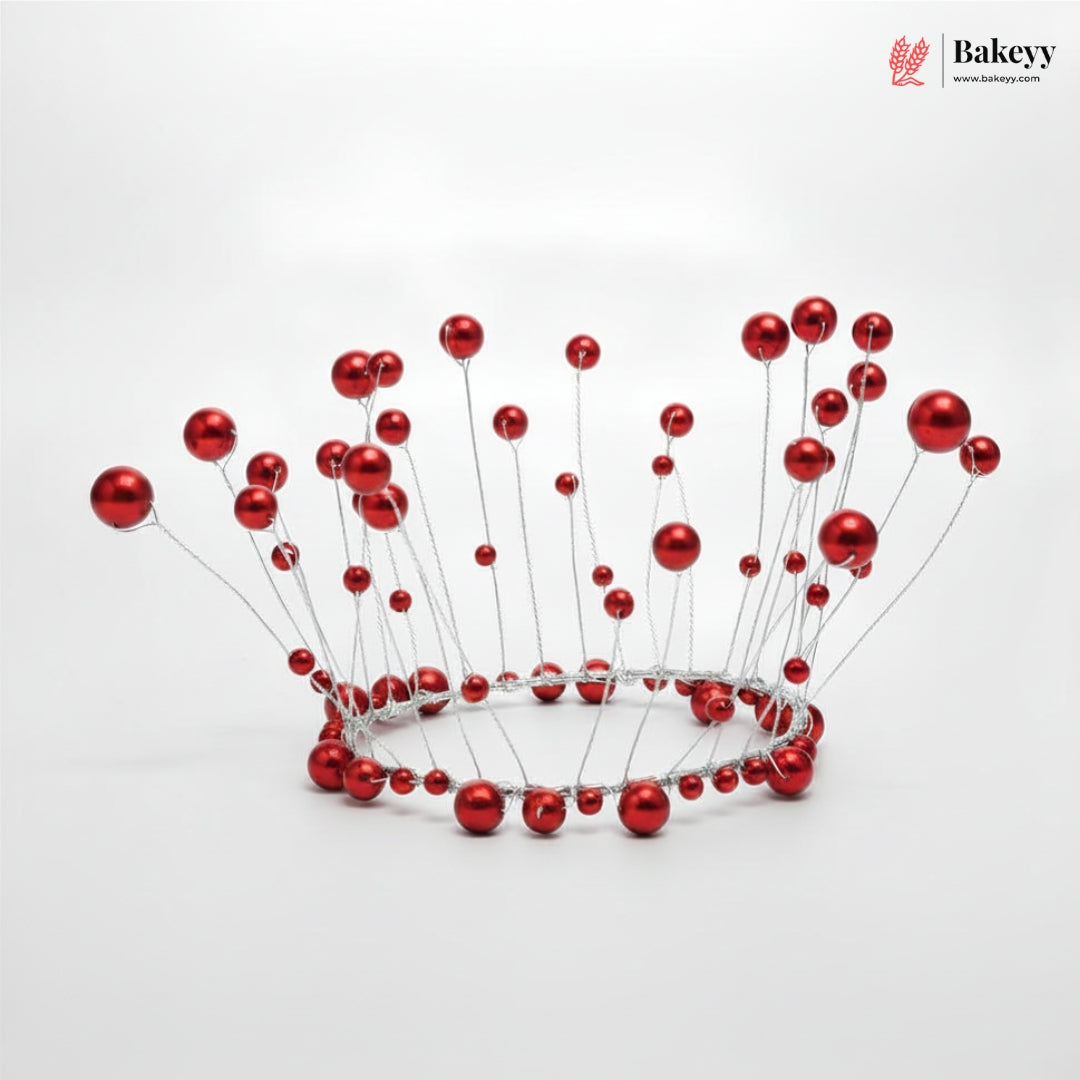 Red beaded tiara on a white background with 'Bakeyy' branding.