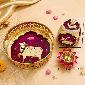 Pichwai Cow & Lotus Printed Hamper Tray with Storage Jar & Diya | Pack of 1