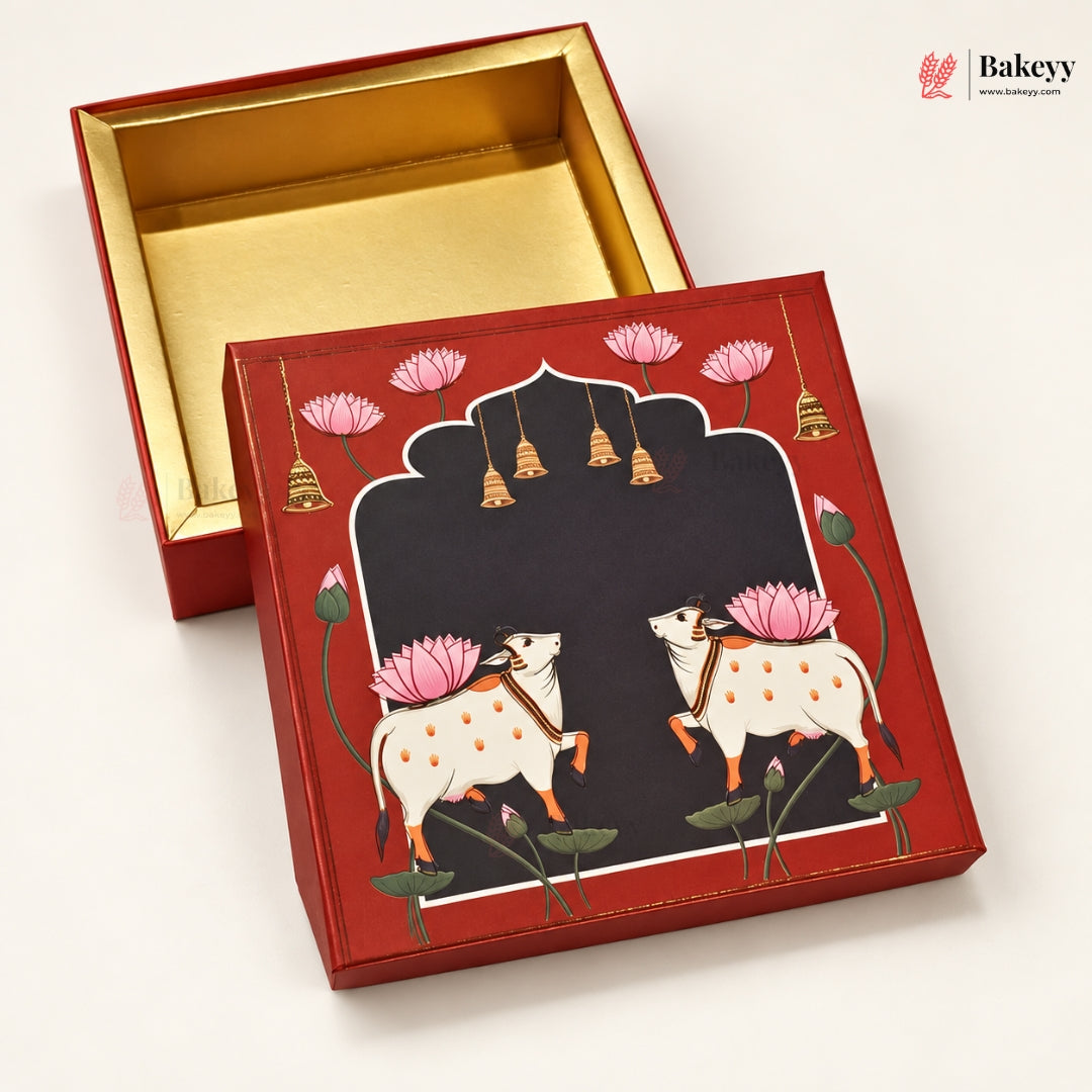 Pichwai Cow & Lotus Printed Sweet & Chocolate Gift Box | With & Without Cavity | Multiple Capacities