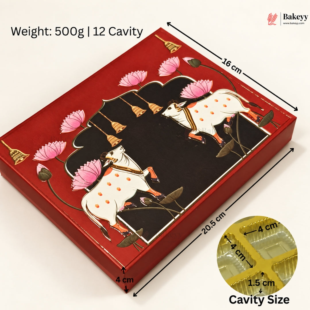 Pichwai Cow & Lotus Printed Sweet & Chocolate Gift Box | With & Without Cavity | Multiple Capacities