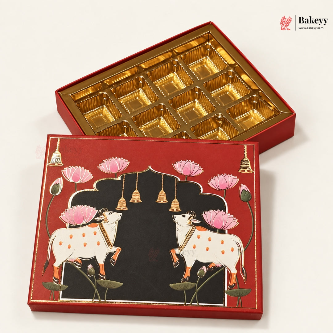 Pichwai Cow & Lotus Printed Sweet & Chocolate Gift Box | With & Without Cavity | Multiple Capacities