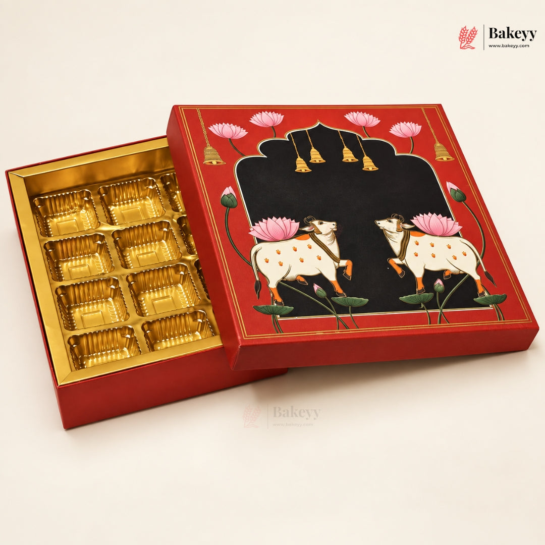 Pichwai Cow & Lotus Printed Sweet & Chocolate Gift Box | With & Without Cavity | Multiple Capacities