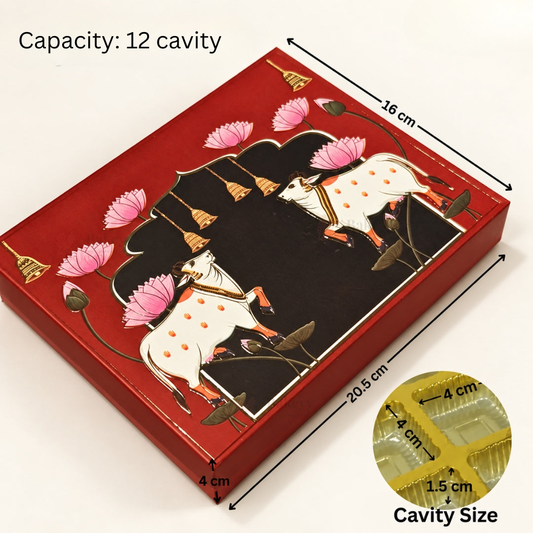 Pichwai Cow & Lotus Printed Chocolate Gift Box with Cavity | Multiple Capacities | Pack of 4