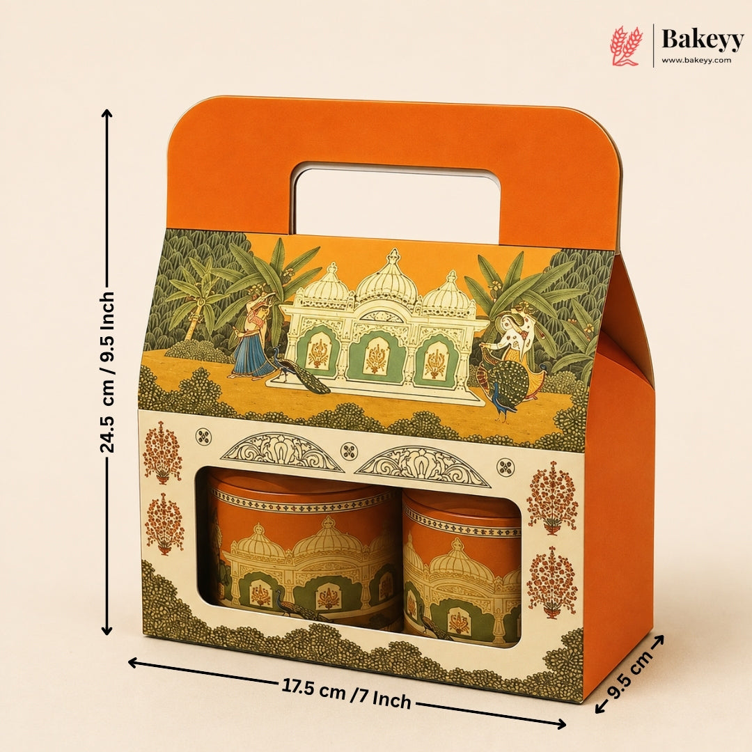 An orange and cream gift box with a printed traditional Indian architectural illustration, shown with dimension arrows and labels indicating 24.5 cm height, 17.