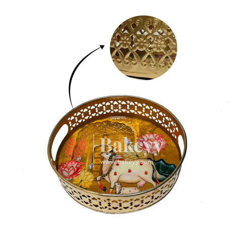 Pichwai Tray for Return Gifts | Round Metal Tray Home Decor Items | Decorative Tray for Diwali | (Pack Of 2) - Bakeyy.com - India - Pichwai Tray for Return Gifts | Round Metal Tray Home Decor Items | Decorative Tray for Diwali | (Pack Of 2) - Pack Of 1