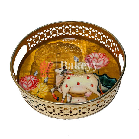 Pichwai Tray for Return Gifts | Round Metal Tray Home Decor Items | Decorative Tray for Diwali | (Pack Of 2) - Bakeyy.com - India - Pichwai Tray for Return Gifts | Round Metal Tray Home Decor Items | Decorative Tray for Diwali | (Pack Of 2) - Pack Of 1