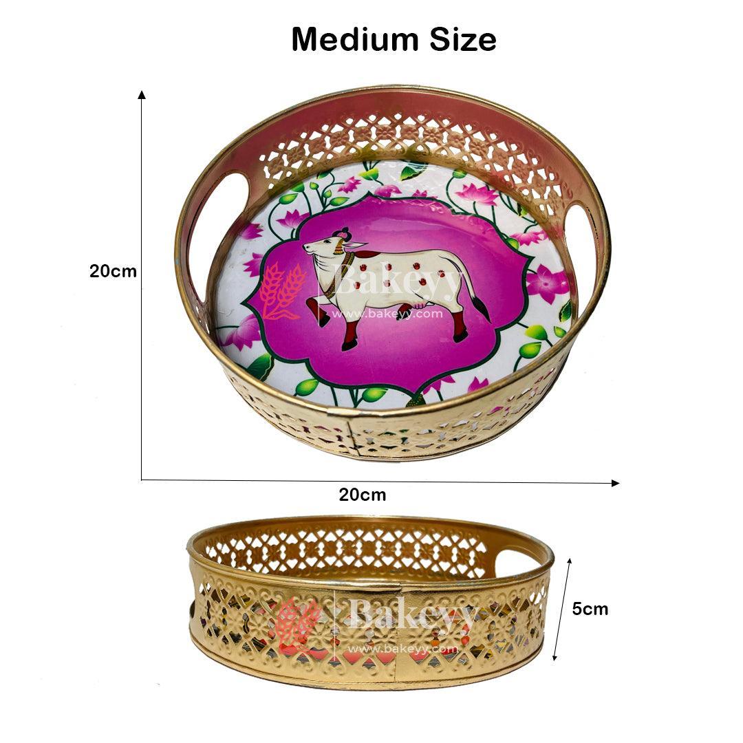 8 inch | Pichwai Tray for Return Gifts | Round Metal Tray Home Decor Items | Decorative Tray | Multicolour - Bakeyy.com - India - 8 inch | Pichwai Tray for Return Gifts | Round Metal Tray Home Decor Items | Decorative Tray | Multicolour - Design 1 / Pack of 1