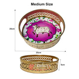 8 inch | Pichwai Tray for Return Gifts | Round Metal Tray Home Decor Items | Decorative Tray | Multicolour - Bakeyy.com - India - 8 inch | Pichwai Tray for Return Gifts | Round Metal Tray Home Decor Items | Decorative Tray | Multicolour - Design 1 / Pack of 1