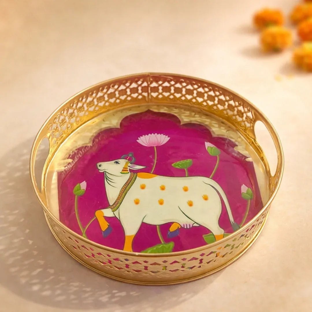 6 inch | Pichwai Tray for Return Gifts | Round Metal Tray Home Decor Items | Decorative Tray | Multicolour - Bakeyy.com - India - 6 inch | Pichwai Tray for Return Gifts | Round Metal Tray Home Decor Items | Decorative Tray | Multicolour - Design 1 / Pack of 1