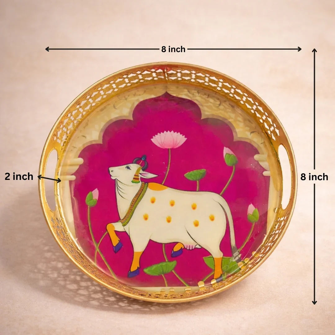 6 inch | Pichwai Tray for Return Gifts | Round Metal Tray Home Decor Items | Decorative Tray | Multicolour - Bakeyy.com - India - 6 inch | Pichwai Tray for Return Gifts | Round Metal Tray Home Decor Items | Decorative Tray | Multicolour - Design 1 / Pack of 1