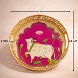 6 inch | Pichwai Tray for Return Gifts | Round Metal Tray Home Decor Items | Decorative Tray | Multicolour - Bakeyy.com - India - 6 inch | Pichwai Tray for Return Gifts | Round Metal Tray Home Decor Items | Decorative Tray | Multicolour - Design 1 / Pack of 1