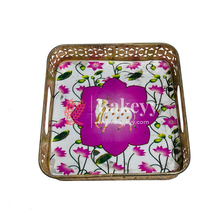 Pichwai Tray for Return Gifts |Square Metal Tray Home Decor Items | Decorative Tray for Diwali | (Multicolour) - Bakeyy.com - India - Pichwai Tray for Return Gifts |Square Metal Tray Home Decor Items | Decorative Tray for Diwali | (Multicolour) - Pack Of 1